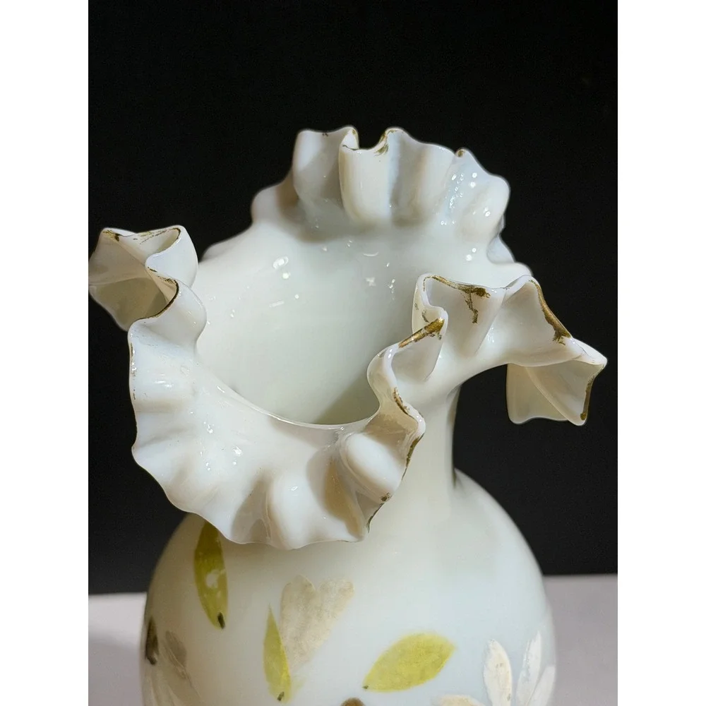 Vintage Bristol Opaque Glass Ruffled Vase Hand Painted Floral Gold Trim